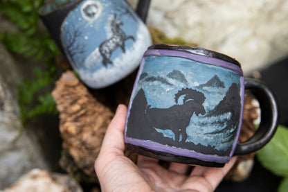 Ibex in mountains ceramic mug. Pottery, one of a kind