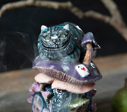 Cheshire smiling Cat from Alice in wonderland on mushroom house ceramic incense holde
