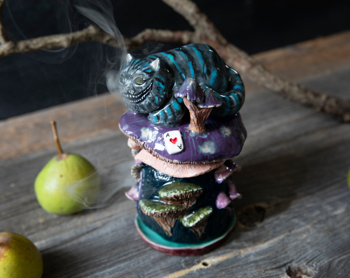 Cheshire smiling Cat from Alice in wonderland on mushroom house ceramic incense holde