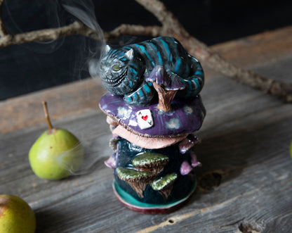 Cheshire smiling Cat from Alice in wonderland on mushroom house ceramic incense holde