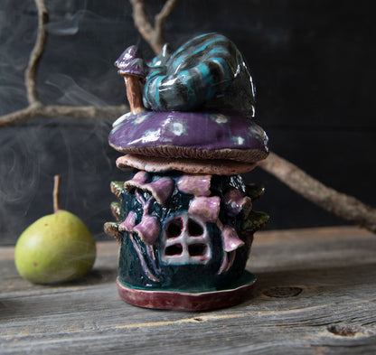 Cheshire smiling Cat from Alice in wonderland on mushroom house ceramic incense holde