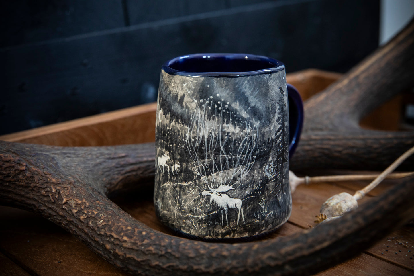White moose (elk) spirit ceramic handmade mug. Fairy tales, shamanism