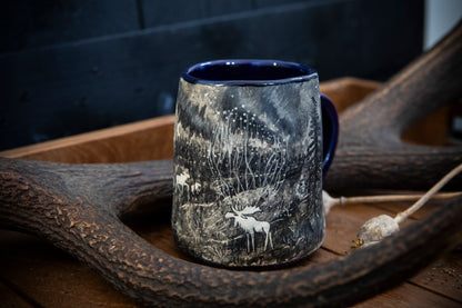 White moose (elk) spirit ceramic handmade mug. Fairy tales, shamanism