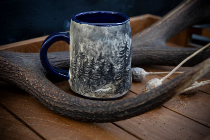 White moose (elk) spirit ceramic handmade mug. Fairy tales, shamanism