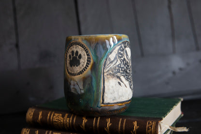Snow leopard and mountains ceramic mug. Handmade, one of a kind. Unique pottery