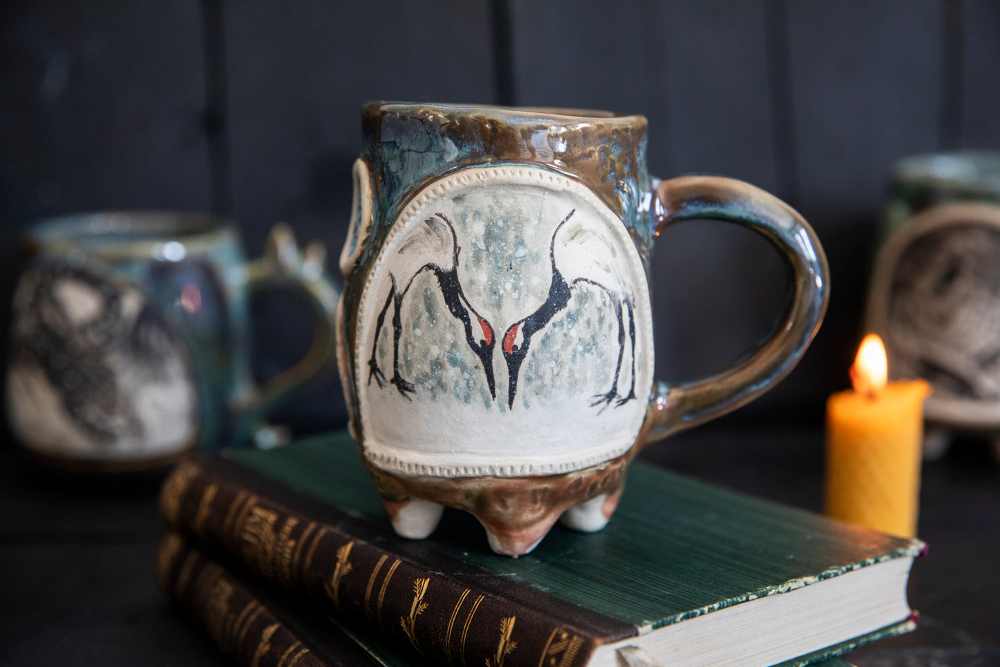 Crane ceramic mug, one of a kind. Pottery, hand built, japanese cranes.