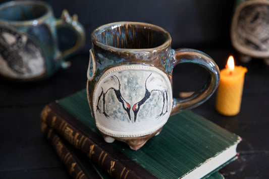 Crane ceramic mug, one of a kind. Pottery, hand built, japanese cranes.