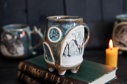 Crane ceramic mug, one of a kind. Pottery, hand built, japanese cranes.