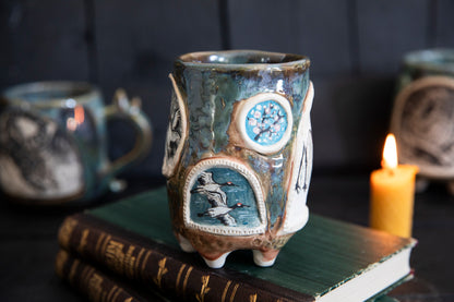 Crane ceramic mug, one of a kind. Pottery, hand built, japanese cranes.