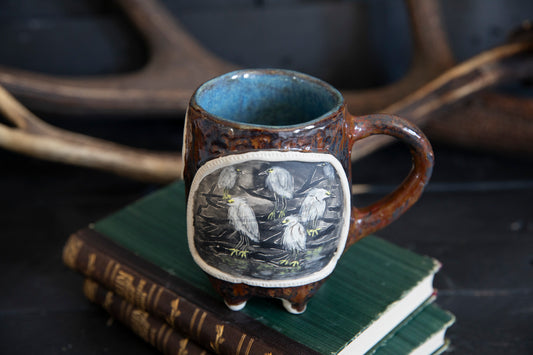 White egret and heron ceramic mug. Unique hand built pottery. Spirit guide mug.
