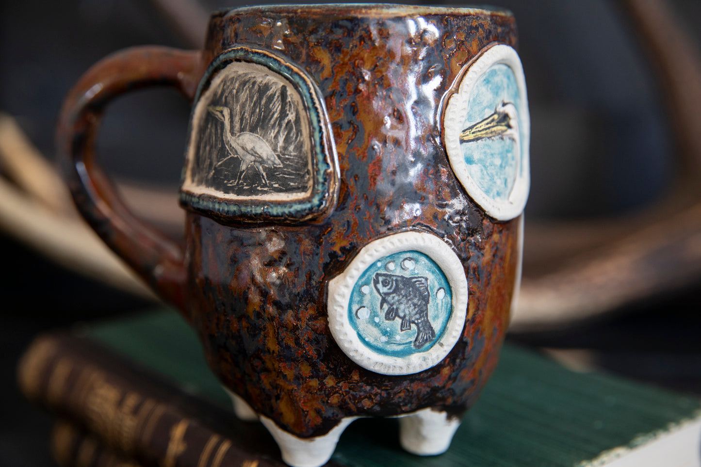 White egret and heron ceramic mug. Unique hand built pottery. Spirit guide mug.