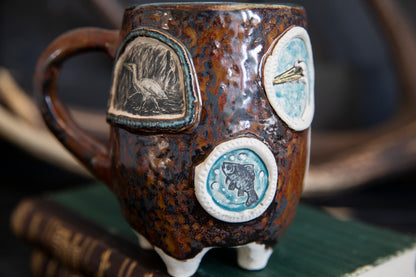 White egret and heron ceramic mug. Unique hand built pottery. Spirit guide mug.