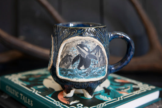 Orca whale ceramic mug, one of a kind. Pottery, lucky.