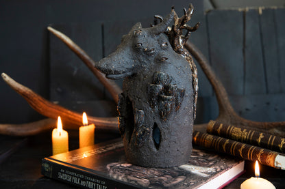 Wolf forest totem, candle holder, incense burner. One of a kind, black clay.