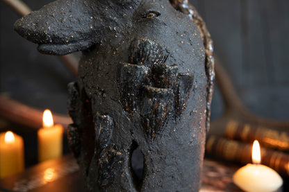 Wolf forest totem, candle holder, incense burner. One of a kind, black clay.