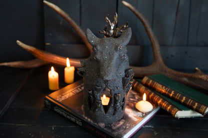 Wolf forest totem, candle holder, incense burner. One of a kind, black clay.