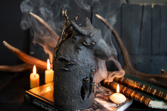 Wolf forest totem, candle holder, incense burner. One of a kind, black clay.