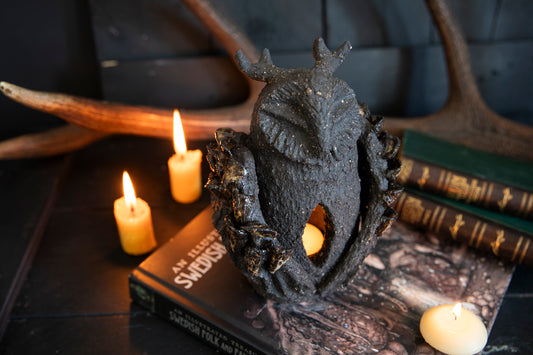 Owl forest totem, candle holder. One of a kind, black clay.