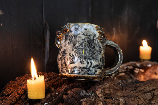 Unique Magic Baba Yaga ceramic mug. Magic forest mug. Pottery. Witch, cabin, hut, pottery