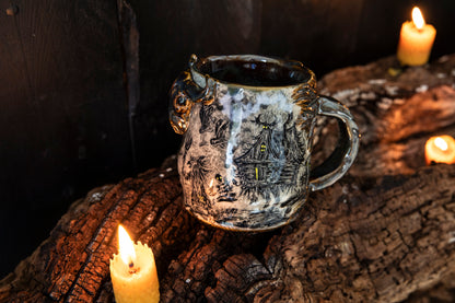 Unique Magic Baba Yaga ceramic mug. Magic forest mug. Pottery. Witch, cabin, hut, pottery