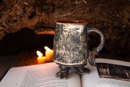 Magic Baba Yaga ceramic mug. Magic forest mug. Pottery. Witch, cabin, hut, pottery