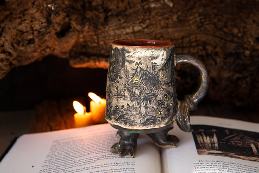 Magic Baba Yaga ceramic mug. Magic forest mug. Pottery. Witch, cabin, hut, pottery