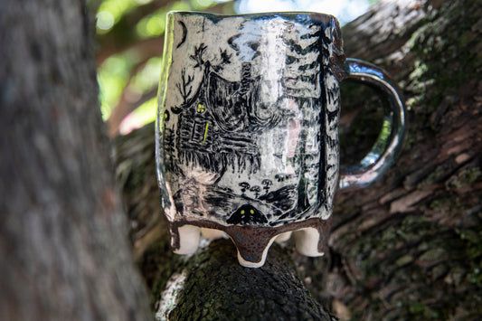 Unique Magic Baba Yaga ceramic mug. Magic forest mug. Pottery. Witch, cabin, hut, pottery