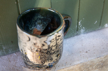 Unique Magic Baba Yaga ceramic mug. Magic forest mug. Pottery. Witch, cabin, hut, pottery