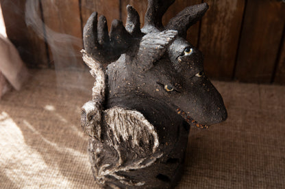 Yarchuk, protecting against evil. Ceramic black Dog candle holder, incense burner