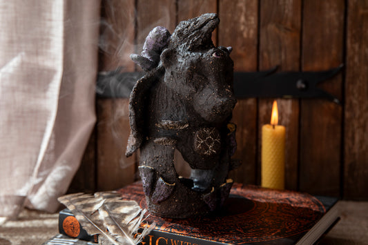 Ceramic totem - Bear, the Shaman, with raven, mushrooms, ram horns. Candle holder, incense holder