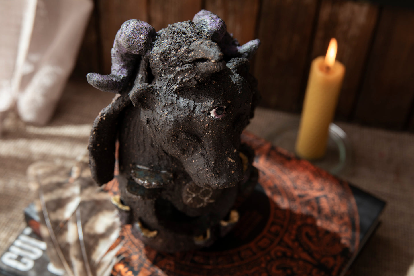 Ceramic totem - Bear, the Shaman, with raven, mushrooms, ram horns. Candle holder, incense holder