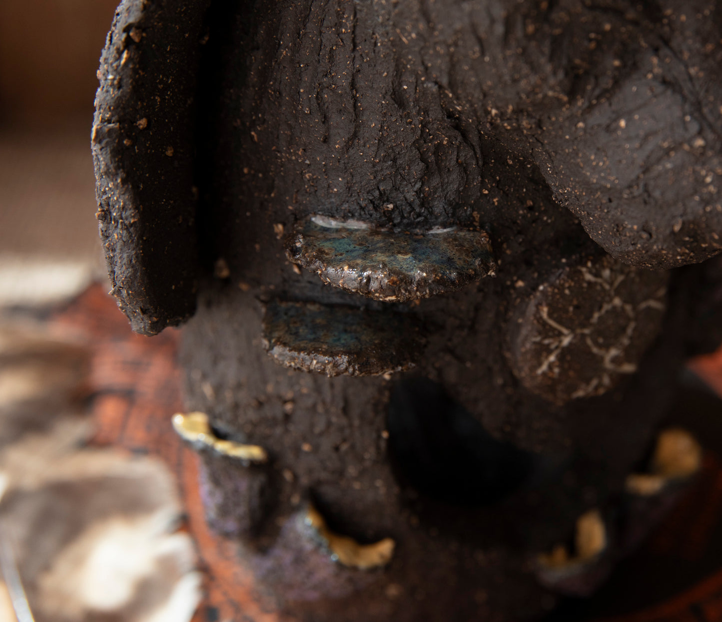 Ceramic totem - Bear, the Shaman, with raven, mushrooms, ram horns. Candle holder, incense holder