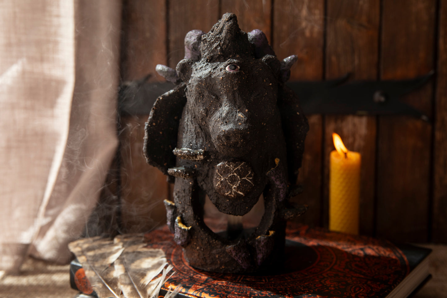 Ceramic totem - Bear, the Shaman, with raven, mushrooms, ram horns. Candle holder, incense holder