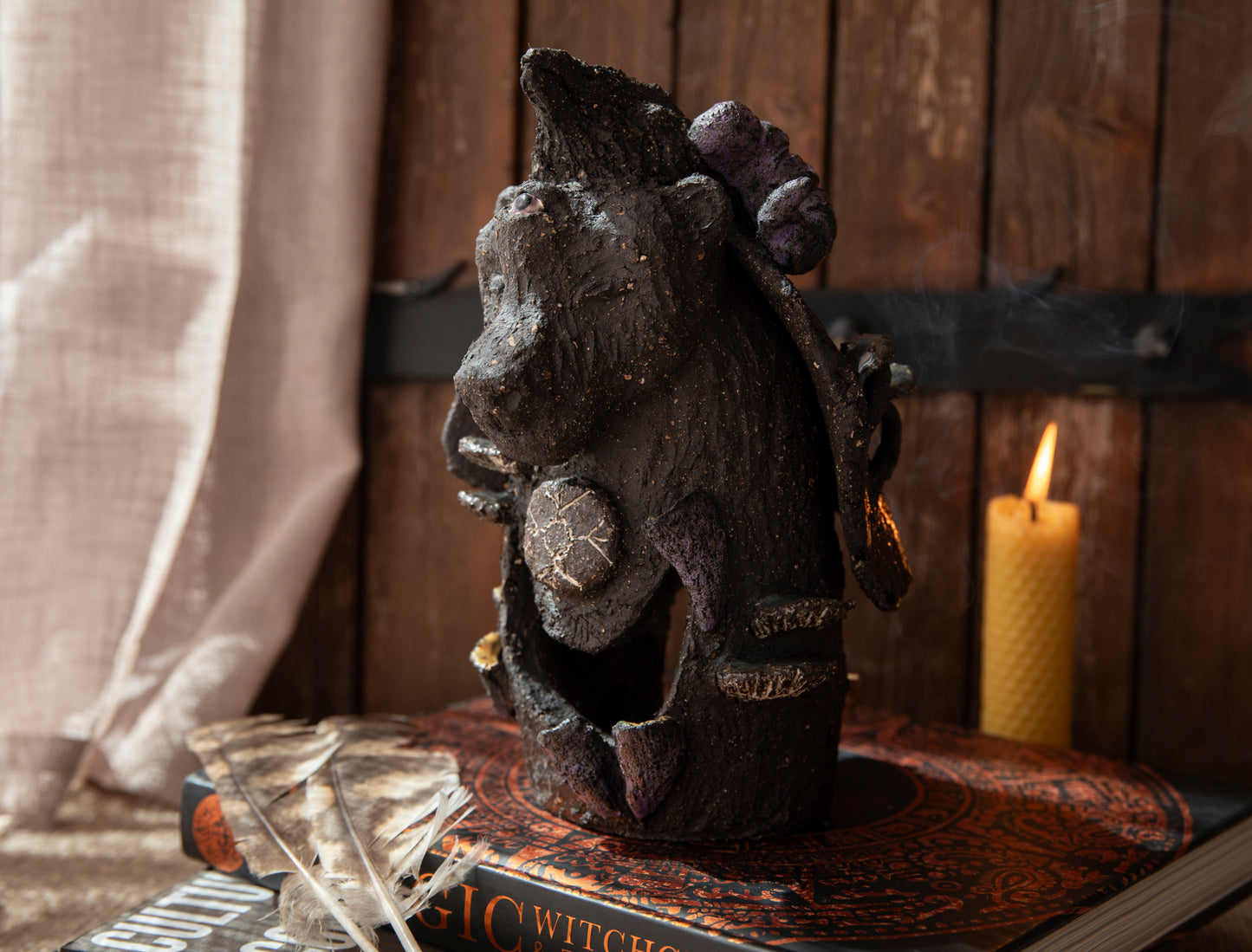 Ceramic totem - Bear, the Shaman, with raven, mushrooms, ram horns. Candle holder, incense holder