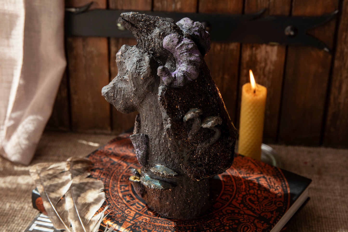 Ceramic totem - Bear, the Shaman, with raven, mushrooms, ram horns. Candle holder, incense holder