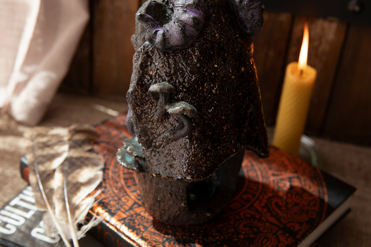 Ceramic totem - Bear, the Shaman, with raven, mushrooms, ram horns. Candle holder, incense holder