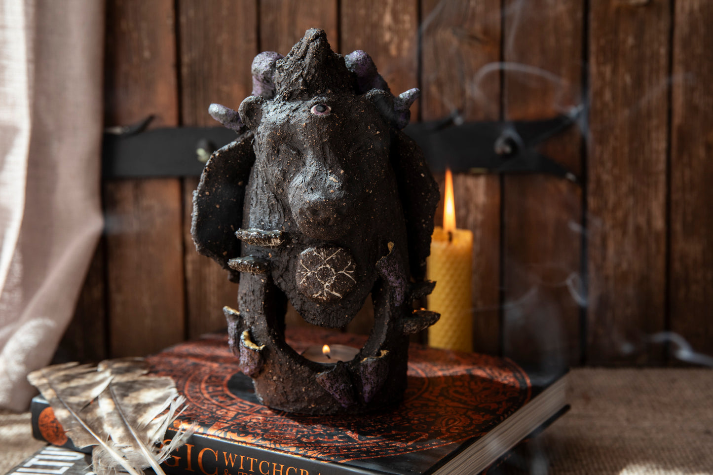 Ceramic totem - Bear, the Shaman, with raven, mushrooms, ram horns. Candle holder, incense holder