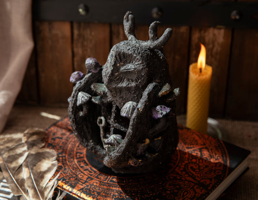 Owl candle holder, with mushrooms, and magic key, glowing in the dark, ceramic, black clay, decor