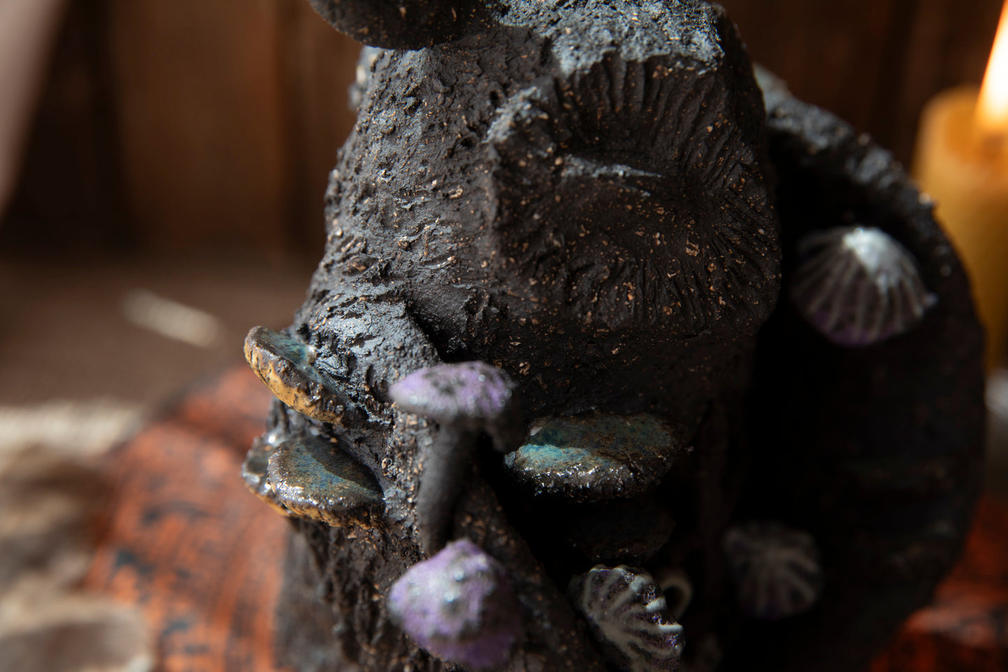 Owl candle holder, with mushrooms, and magic key, glowing in the dark, ceramic, black clay, decor