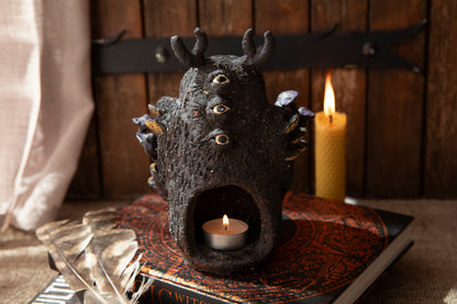 Owl candle holder, with mushrooms, and magic key, glowing in the dark, ceramic, black clay, decor
