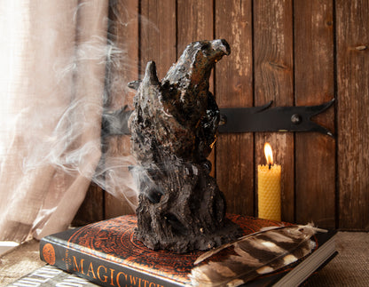 Majestic Ceramic Griffin on black rock, candle holder, incense holder. Griffon.
