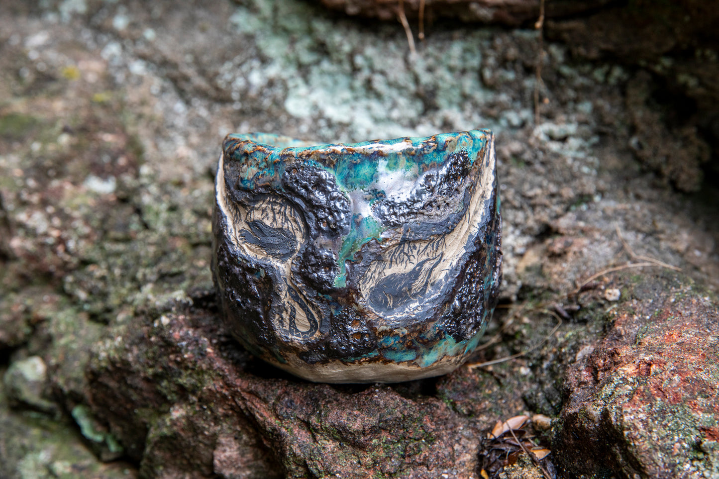 Cute ceramic flower pot with various animals in their burrows underground, unique, one of a kind