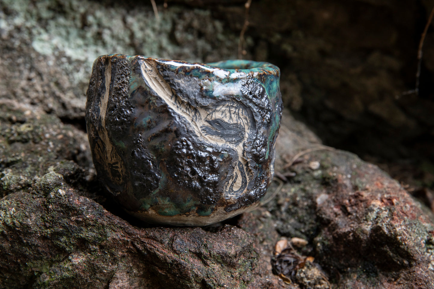 Cute ceramic flower pot with various animals in their burrows underground, unique, one of a kind