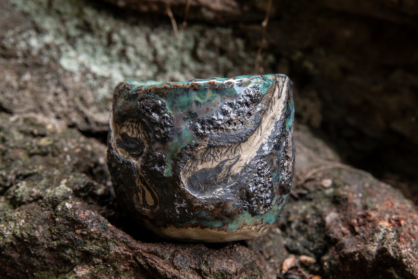 Cute ceramic flower pot with various animals in their burrows underground, unique, one of a kind
