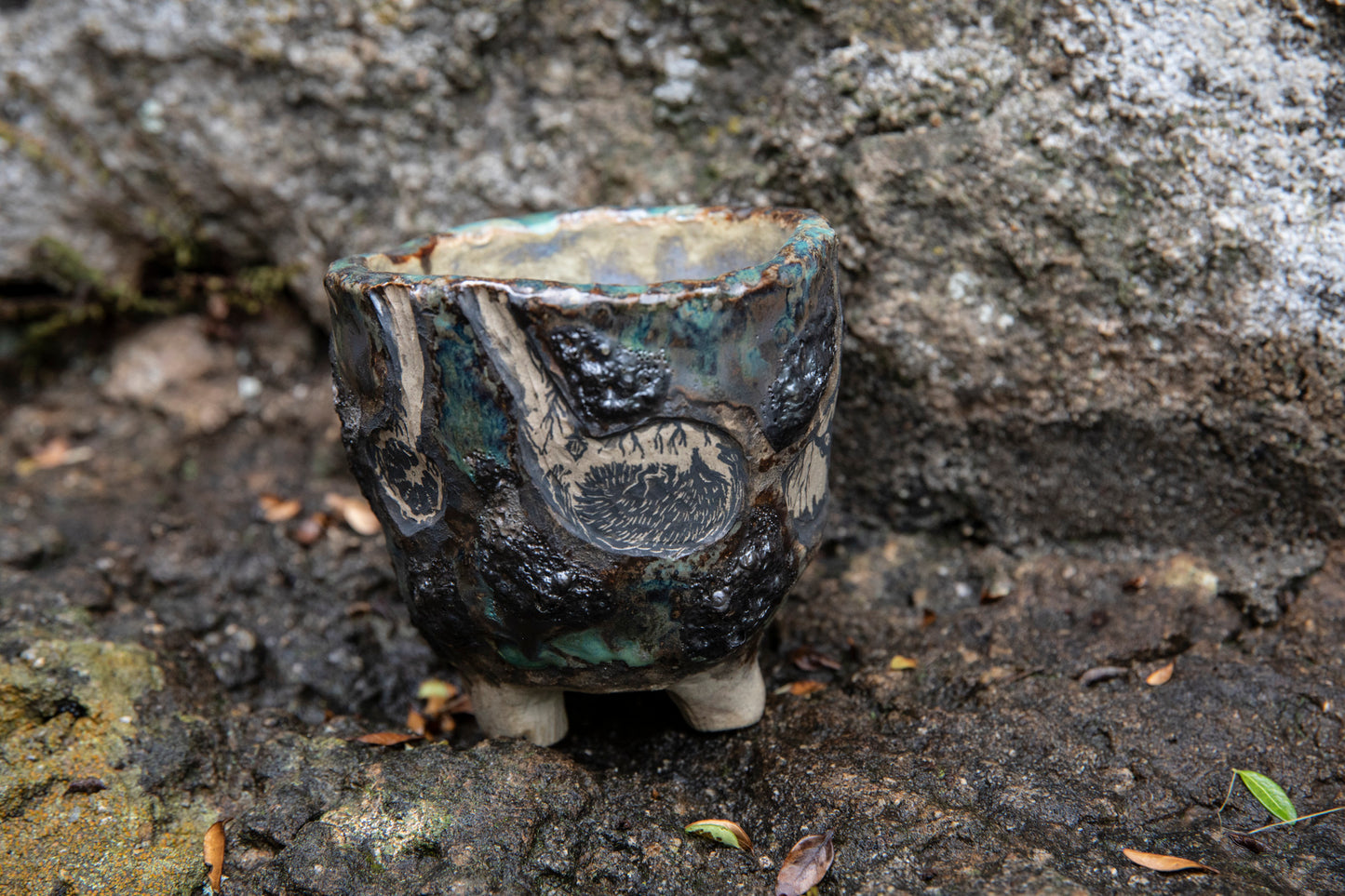 Cute ceramic flower pot with various animals in their burrows underground, unique, one of a kind