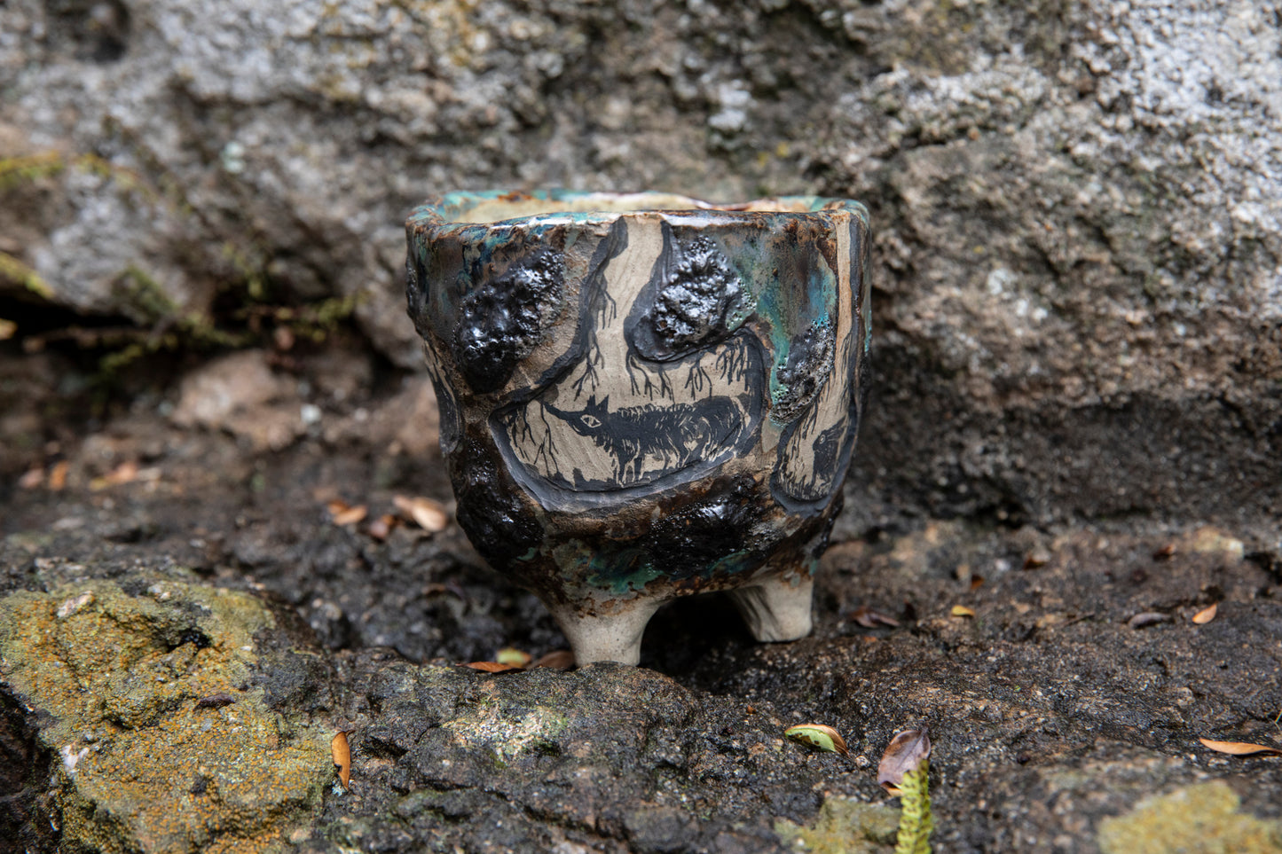 Cute ceramic flower pot with various animals in their burrows underground, unique, one of a kind