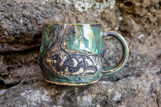 Dragon and Frog the Wizard magic ceramic mug, one of a kind, unique and handmade