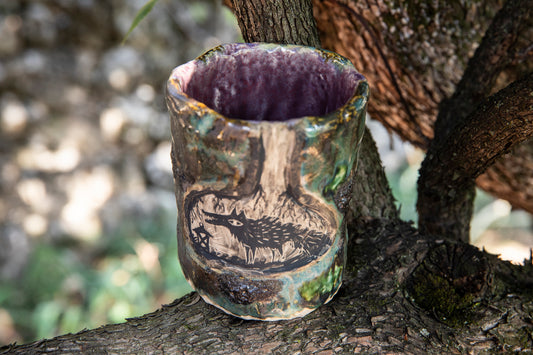 Ceramic handmade cup, tumbler, brush holder with wolf, badgers, bunny, beatle, unique