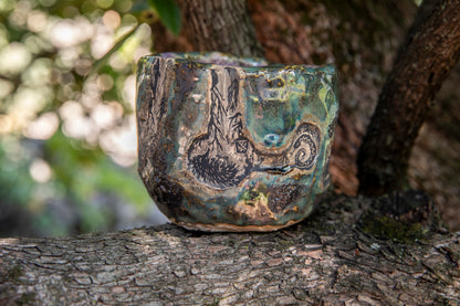 Beautiful ceramic flower planter with hedgehog, wolf, marmot, snake, hare, one of a kind. Cup.