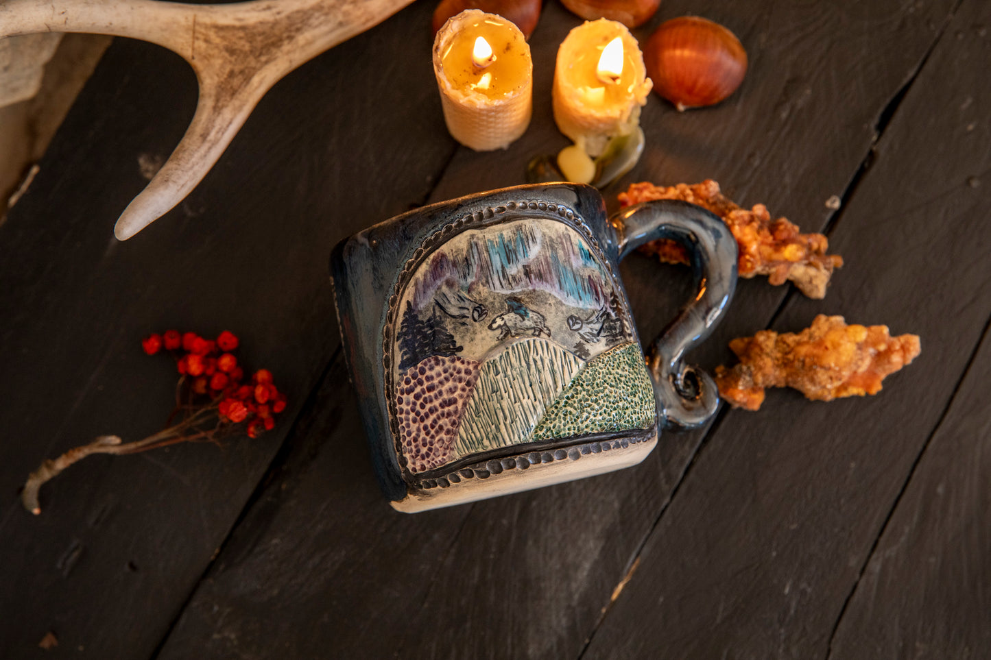Woman riding white bear spirit in the mountains ceramic mug. Spirits, pagan, lucky mug